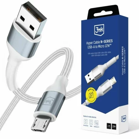 Cablu Date si Incarcare 3mk, Hyper N-SERIES, USB-A la Micro USB, 1m, 5V/2.4A, 12W, Alb