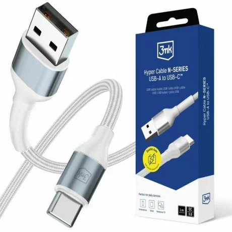 Cablu Date si Incarcare 3mk, Hyper N-SERIES, USB-A la USB-C, 1m, 9V/2A, 18W, Alb
