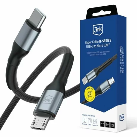 Cablu Date si Incarcare 3mk, Hyper N-SERIES, USB-C la Micro USB, 1m, 5V/2.4A, 10W, Negru