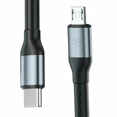 Cablu Date si Incarcare 3mk, Hyper N-SERIES, USB-C la Micro USB, 3m, 5V/2.4A, 10W, Negru