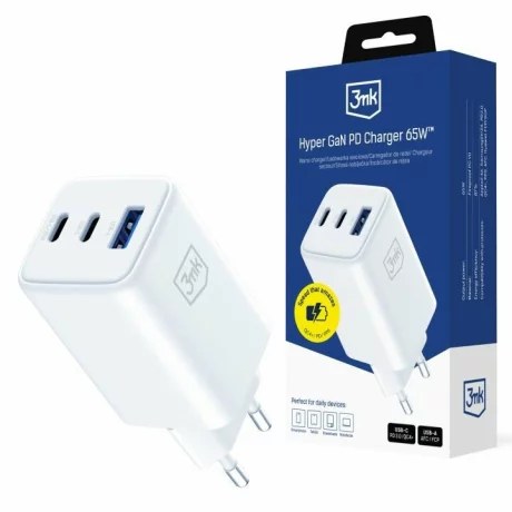 Incarcator Retea 3mk, Hyper GaN Charger, QC4+ PD, 1xUSB-A, 2xUSB-C, 65W, Alb