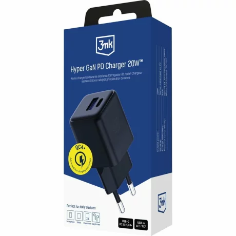 Incarcator Retea 3mk, Hyper GaN Charger, QC4+ PD PPS 1xUSB-A, 1xUSB-C, 20W, Negru