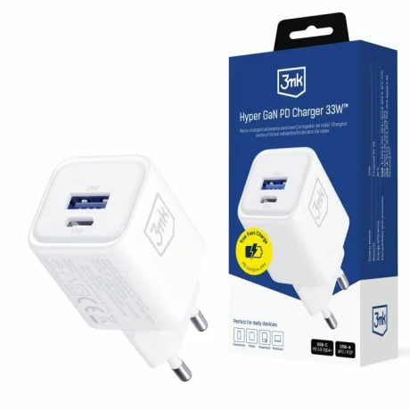 Incarcator Retea 3mk, HyperCharger,  QC4+ PPS AFC FCP SCP 1xUSB-A, 1xUSB-C 33W, Alb