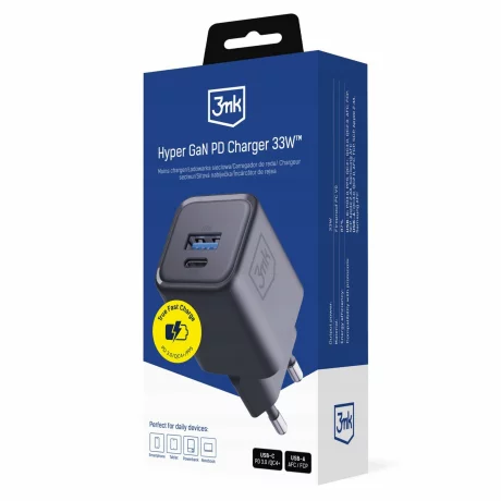 Incarcator Retea 3mk, HyperCharger,  QC4+ PPS AFC FCP SCP 1xUSB-A, 1xUSB-C 33W, Negru