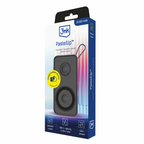 Acumulator extern 3MK, 10.000mAh, 22.5W, MagSafe QI, Cablu USB-C la Lightning, negru