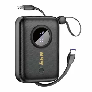 Acumulator extern Dudao K14 10000mAh 22.5W Cablu Type C si Lightning integrat, Negru