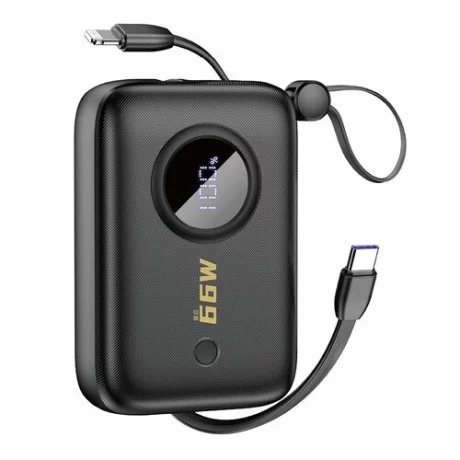 Acumulator extern Dudao K14 10000mAh 22.5W Cablu Type C si Lightning integrat, Negru