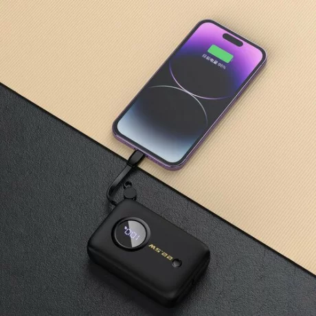 Acumulator extern Dudao K14 10000mAh 22.5W Cablu Type C si Lightning integrat, Negru
