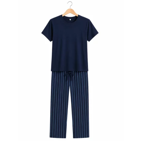 Pijama barbati iarna (tricou + pantaloni) Dark Sapphire / Cerulean, marimea XL, 100% bumbac