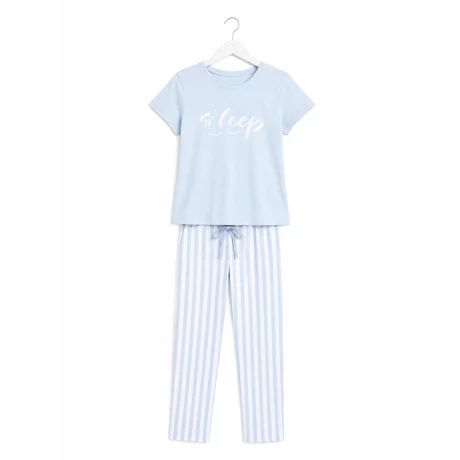 Pijama dama iarna (tricou + pantaloni lungi) Delicate Blue, marimea M, 100% bumbac