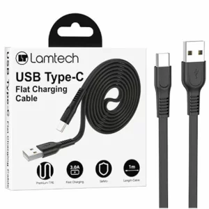 Cablu Date si Incarcare Lamtech, USB la Type-C, Plat, 3A, 1m, Negru