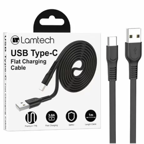 Cablu Date si Incarcare Lamtech, USB la Type-C, Plat, 3A, 1m, Negru