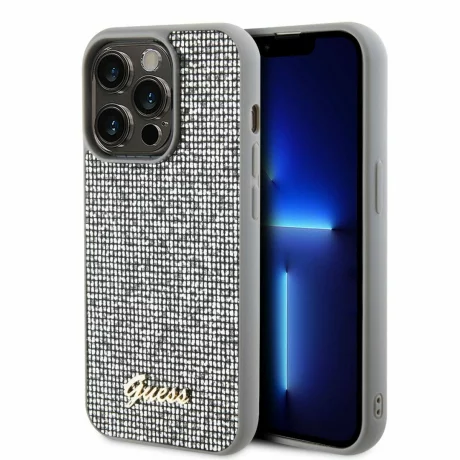 Husa de protectie Guess PU Square Mirror Script Logo Case for iPhone 15 Pro Max Silver