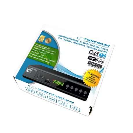 Tuner digital Esperanza EV111P, DVB-T2 H.265/HEVC, Negru