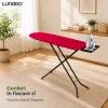 Masa de calcat pliabila LUNARO Neo-Bk, Suport pentru statie si fier de calcat, Reglabila pe inaltime, Plasă metalică cu spuma de 5mm si husa de bumbac 100% culoare rosie, Inaltime maxima 89cm, Dimensiuni 110 х 30 сm, Picioare stabile antiderapante, Negru