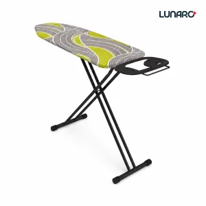 Masa de calcat pliabila LUNARO Vera-Bk, Suport pentru statie si fier de calcat, Reglabila pe inaltime, plasă metalică cu spuma de 8mm si husa de bumbac 100% multicolora, Inaltime maxima 95cm, Dimensiuni 120 х 38 сm, Picioare stabile antiderapante, Negru
