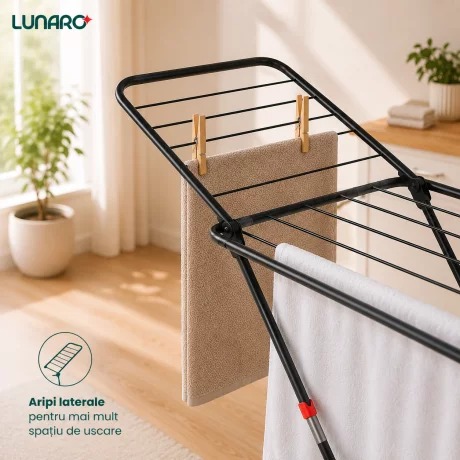 Uscator de rufe pliabil LUNARO Lineo-Bk, Spatiu uscare 18m, Fabricat din otel inoxidabil rezistent si usor, Incarcare 15kg, Vopsit in camp electrostatic, Compact, Depozitare eficienta, Greutate 2.56kg, Dimensiuni 128x55x5cm, Picioare antiderapante, Utiliz
