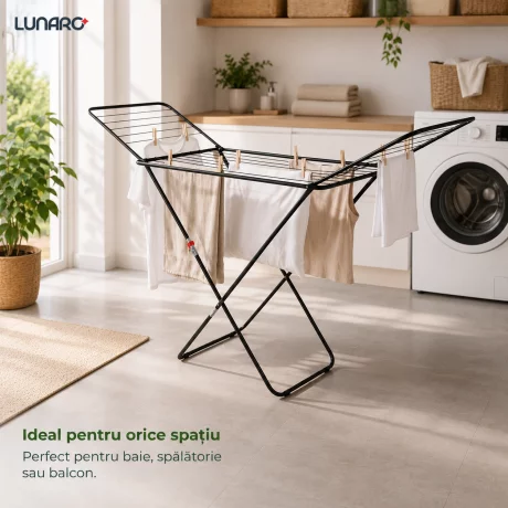 Uscator de rufe pliabil LUNARO Lineo-Bk, Spatiu uscare 18m, Fabricat din otel inoxidabil rezistent si usor, Incarcare 15kg, Vopsit in camp electrostatic, Compact, Depozitare eficienta, Greutate 2.56kg, Dimensiuni 128x55x5cm, Picioare antiderapante, Utiliz