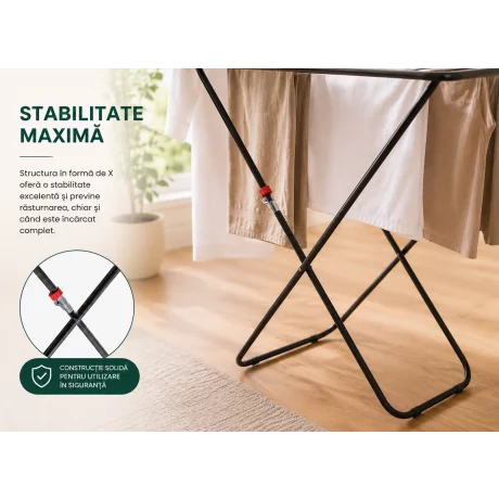 Uscator de rufe pliabil LUNARO Lineo-Bk, Spatiu uscare 18m, Fabricat din otel inoxidabil rezistent si usor, Incarcare 15kg, Vopsit in camp electrostatic, Compact, Depozitare eficienta, Greutate 2.56kg, Dimensiuni 128x55x5cm, Picioare antiderapante, Utiliz