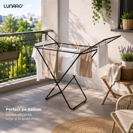 Uscator de rufe pliabil LUNARO Lineo-Bk, Spatiu uscare 18m, Fabricat din otel inoxidabil rezistent si usor, Incarcare 15kg, Vopsit in camp electrostatic, Compact, Depozitare eficienta, Greutate 2.56kg, Dimensiuni 128x55x5cm, Picioare antiderapante, Utiliz