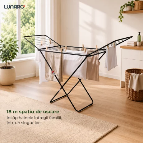 Uscator de rufe pliabil LUNARO Lineo-Bk, Spatiu uscare 18m, Fabricat din otel inoxidabil rezistent si usor, Incarcare 15kg, Vopsit in camp electrostatic, Compact, Depozitare eficienta, Greutate 2.56kg, Dimensiuni 128x55x5cm, Picioare antiderapante, Utiliz