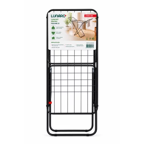 Uscator de rufe pliabil LUNARO Lineo-Bk, Spatiu uscare 18m, Fabricat din otel inoxidabil rezistent si usor, Incarcare 15kg, Vopsit in camp electrostatic, Compact, Depozitare eficienta, Greutate 2.56kg, Dimensiuni 128x55x5cm, Picioare antiderapante, Utiliz