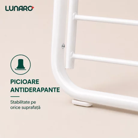 Uscator de rufe pliabil LUNARO Nova-Wh, Spatiu uscare 18m, Otel inoxidabil, Incarcare 15kg, Vopsit in camp electrostatic, Compact, Depozitare eficienta, Greutate 2.1kg, Dimensiuni 102.5x55x5cm, Picioare antiderapante, Interior si exterior, Alb