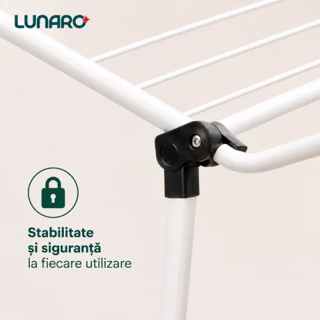 Uscator de rufe pliabil LUNARO Nova-Wh, Spatiu uscare 18m, Otel inoxidabil, Incarcare 15kg, Vopsit in camp electrostatic, Compact, Depozitare eficienta, Greutate 2.1kg, Dimensiuni 102.5x55x5cm, Picioare antiderapante, Interior si exterior, Alb