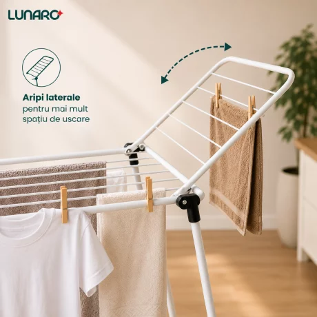 Uscator de rufe pliabil LUNARO Nova-Wh, Spatiu uscare 18m, Otel inoxidabil, Incarcare 15kg, Vopsit in camp electrostatic, Compact, Depozitare eficienta, Greutate 2.1kg, Dimensiuni 102.5x55x5cm, Picioare antiderapante, Interior si exterior, Alb