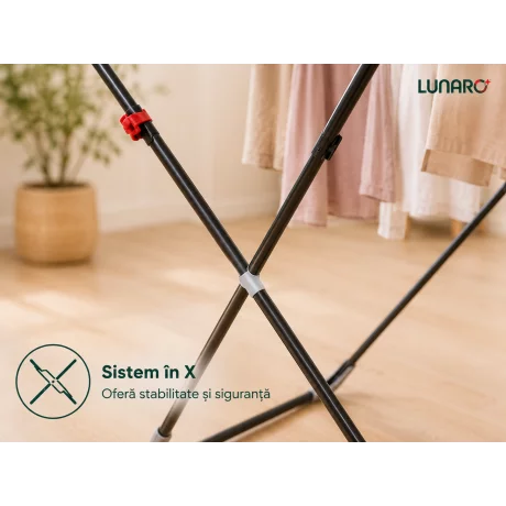 Uscator de rufe pliabil LUNARO Wing Plus-Bk, Spatiu uscare 18m, Suport special pentru sosete, Fabricat din otel inoxidabil rezistent si usor, Incarcare 15kg, Vopsit in camp electrostatic, Compact, Depozitare eficienta, Greutate 2.7kg, Dimensiuni 128x55x5c