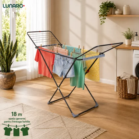 Uscator de rufe pliabil LUNARO Wing Plus-Bk, Spatiu uscare 18m, Suport special pentru sosete, Fabricat din otel inoxidabil rezistent si usor, Incarcare 15kg, Vopsit in camp electrostatic, Compact, Depozitare eficienta, Greutate 2.7kg, Dimensiuni 128x55x5c