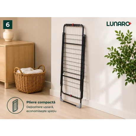 Uscator de rufe pliabil LUNARO Wing Plus-Bk, Spatiu uscare 18m, Suport special pentru sosete, Fabricat din otel inoxidabil rezistent si usor, Incarcare 15kg, Vopsit in camp electrostatic, Compact, Depozitare eficienta, Greutate 2.7kg, Dimensiuni 128x55x5c