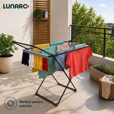 Uscator de rufe pliabil LUNARO Wing Plus-Bk, Spatiu uscare 18m, Suport special pentru sosete, Fabricat din otel inoxidabil rezistent si usor, Incarcare 15kg, Vopsit in camp electrostatic, Compact, Depozitare eficienta, Greutate 2.7kg, Dimensiuni 128x55x5c
