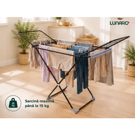 Uscator de rufe pliabil LUNARO Wing Plus-Bk, Spatiu uscare 18m, Suport special pentru sosete, Fabricat din otel inoxidabil rezistent si usor, Incarcare 15kg, Vopsit in camp electrostatic, Compact, Depozitare eficienta, Greutate 2.7kg, Dimensiuni 128x55x5c