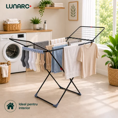 Uscator de rufe pliabil LUNARO Wing Plus-Bk, Spatiu uscare 18m, Suport special pentru sosete, Fabricat din otel inoxidabil rezistent si usor, Incarcare 15kg, Vopsit in camp electrostatic, Compact, Depozitare eficienta, Greutate 2.7kg, Dimensiuni 128x55x5c