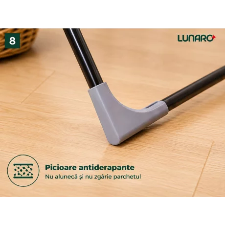Uscator de rufe pliabil LUNARO Wing Plus-Bk, Spatiu uscare 18m, Suport special pentru sosete, Fabricat din otel inoxidabil rezistent si usor, Incarcare 15kg, Vopsit in camp electrostatic, Compact, Depozitare eficienta, Greutate 2.7kg, Dimensiuni 128x55x5c