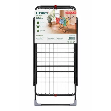 Uscator de rufe pliabil LUNARO Wing Plus-Bk, Spatiu uscare 18m, Suport special pentru sosete, Fabricat din otel inoxidabil rezistent si usor, Incarcare 15kg, Vopsit in camp electrostatic, Compact, Depozitare eficienta, Greutate 2.7kg, Dimensiuni 128x55x5c