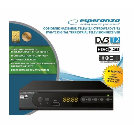 Tuner digital Esperanza EV106P, DVB-T2 H.265/HEVC, Negru