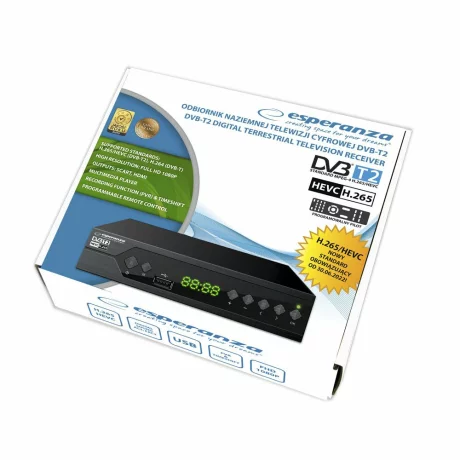 Tuner digital Esperanza EV107R, DVB-T2 H.265/HEVC, Negru