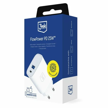 Incarcator retea 3mk, FlowPower, 1xUSB-A, 1xUSB-C, QC4+, 25W, Alb