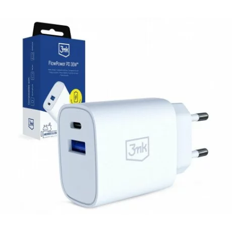 Incarcator retea 3mk, FlowPower, 1xUSB-A, 1xUSB-C, QC4+, 30W, Alb
